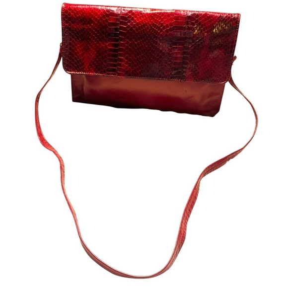 Vintage Handbags - Vintage Crossbody Bag Red Snakeskin Print Gold-tone Hardware Vegan Patent Shiny